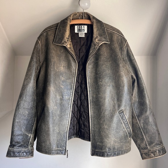 Vintage Worn Leather Bomber Jacket Brown Faded Distressed Oversized Biker Coat - Picture 6 of 9